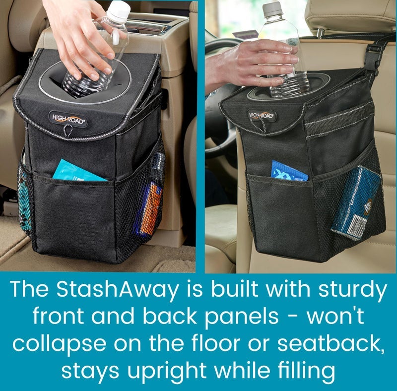 High Road StashAway Heavy Duty Car Trash Can with Rubber Lid, 3 Storage Pockets and Sturdy Panels for Stable Floor or Hanging Seatback Use (Black) - Image 2